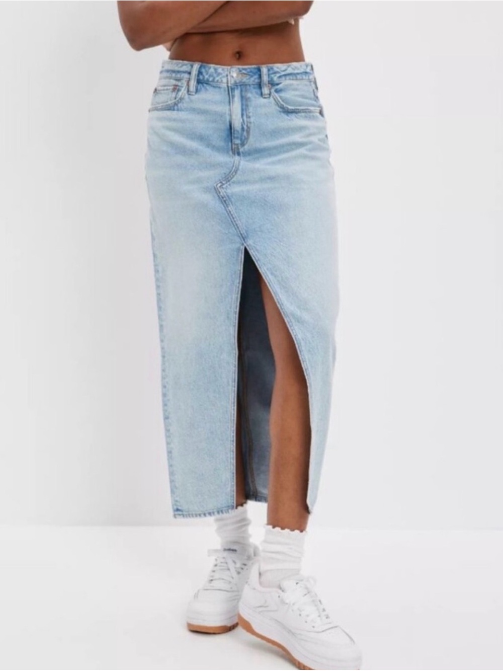 American Eagle Light Wash Denim Midi Skirt with Front Slit